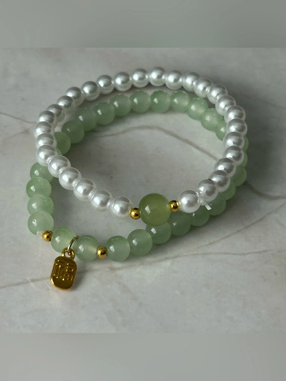 Green Jade and Pearl Beaded Stretch Bracelet Set